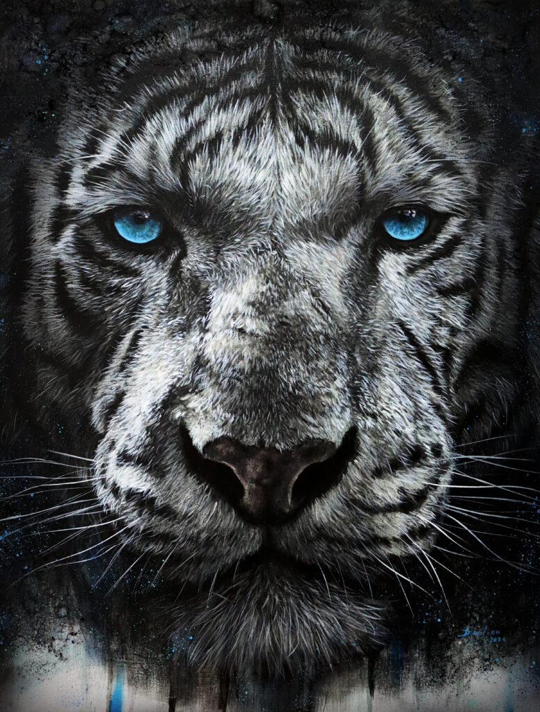 realistic tiger acrylic painting facing forwards in black and white with blue eyes