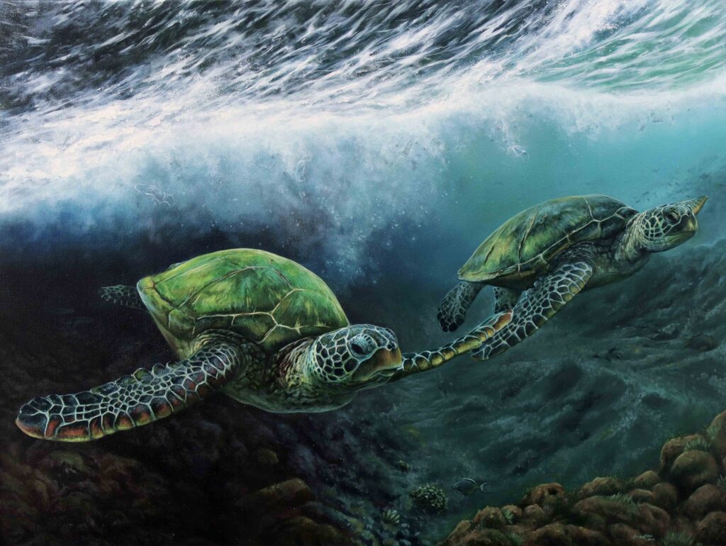Realistic acrylic painting of two turtles underwater swimming