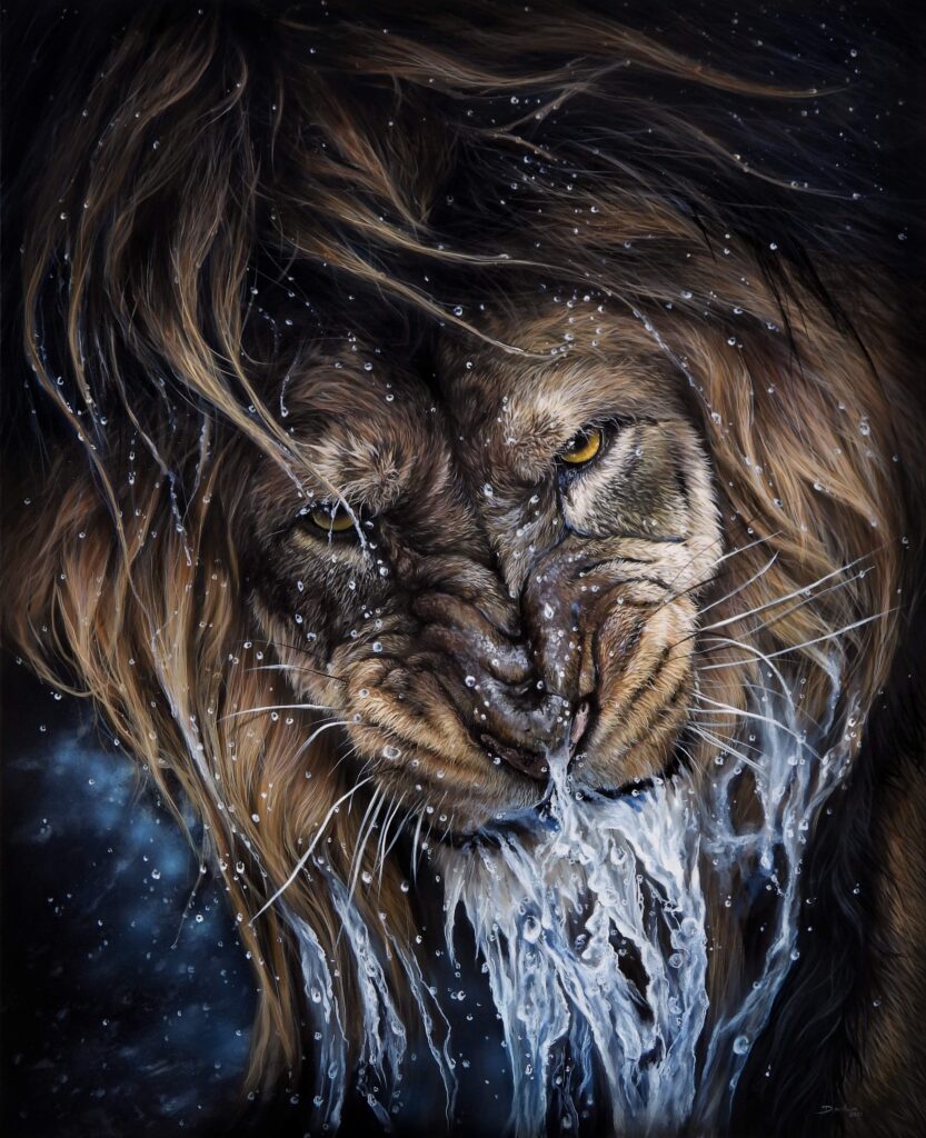 realistic lion acrylic painting drinking water